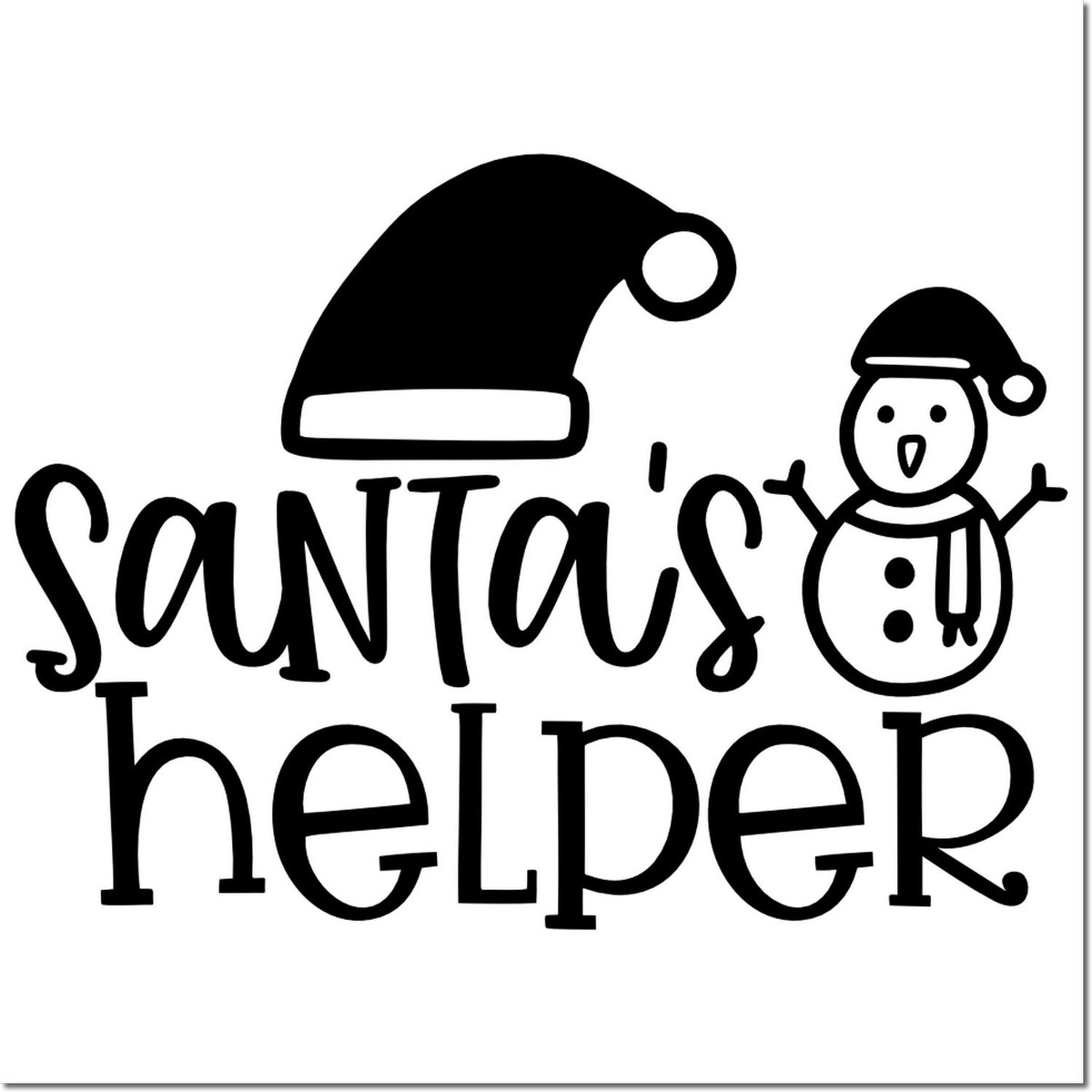 Black Santas helper stamp and seal design with a snowman in a Santa hat and bold lettering on white.
