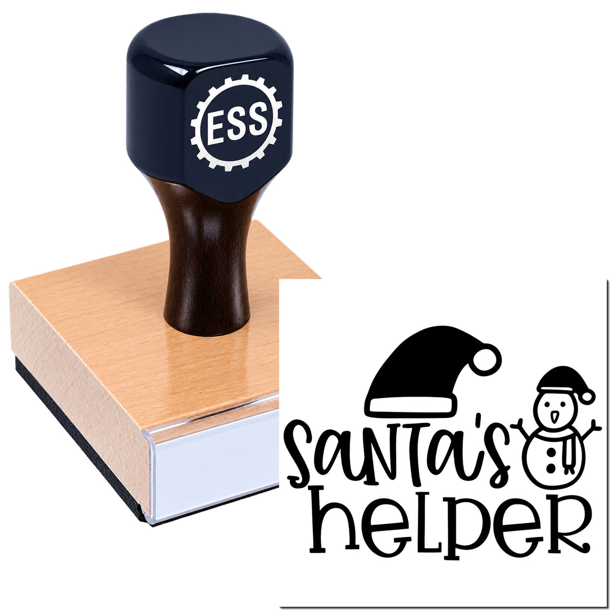 Dark navy ESS rubber stamp on a wooden base beside a black Santa's Helper logo for custom stamp and seal products.