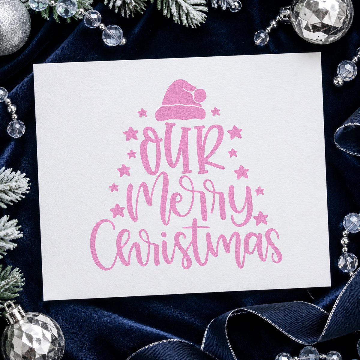 Our Merry Christmas Stars craft stamp in purple ink on cardstock, an easy option for pyramid album page.