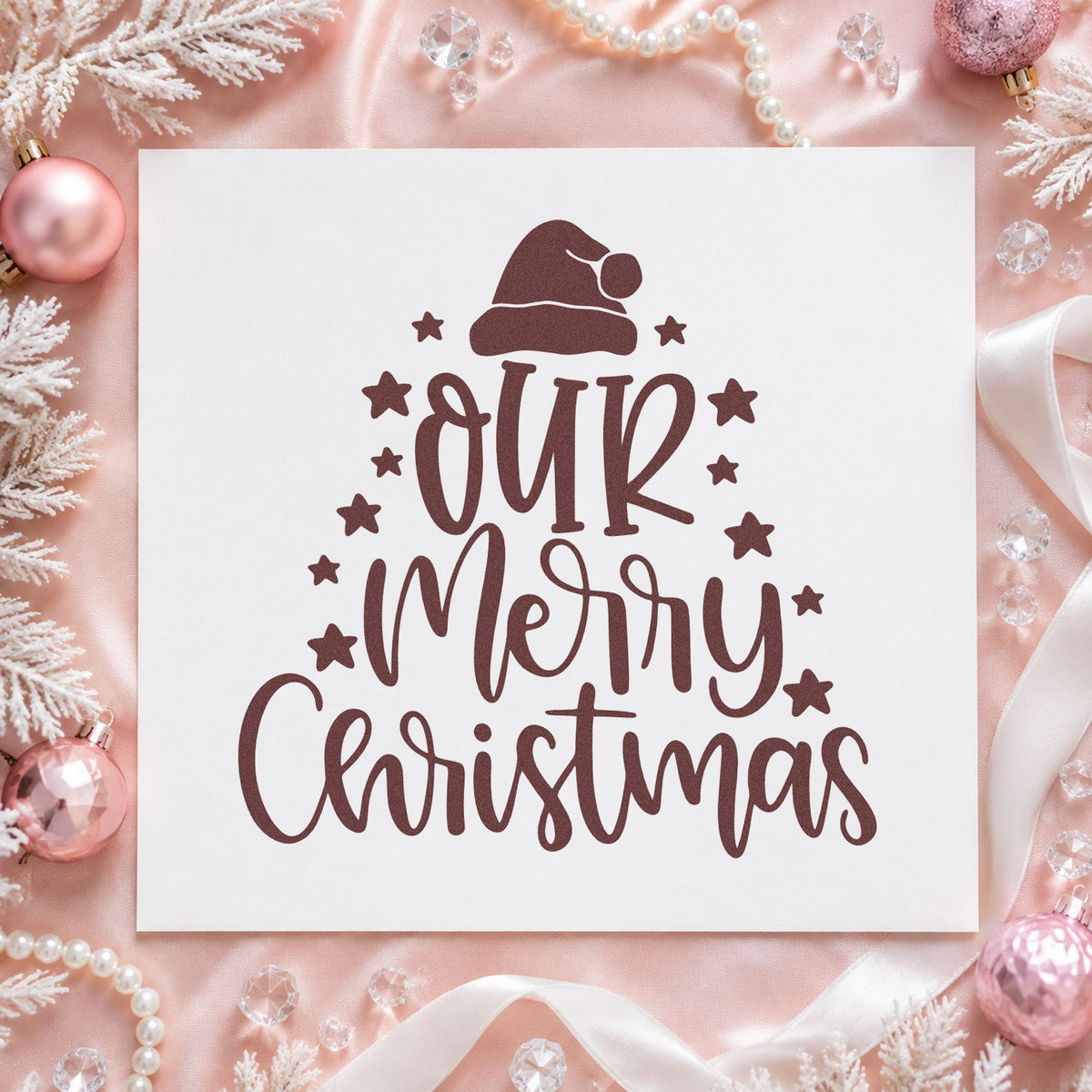 Our Merry Christmas Stars rubber stamp printed in brown ink, ready for priority pyramid sheet and similar paper crafts.