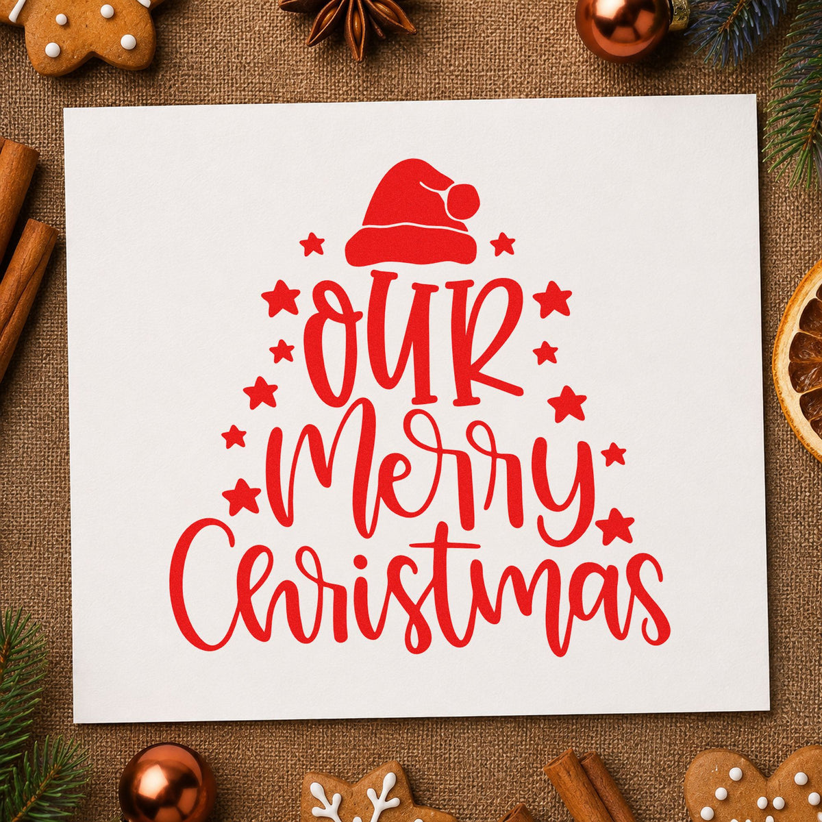 Our Merry Christmas Stars craft stamp in red ink on cardstock, an easy option for tree skirt printing.