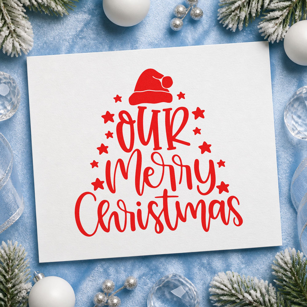 Our Merry Christmas Stars rubber stamp shown in red ink, stamped for projects such as stack bin labels.