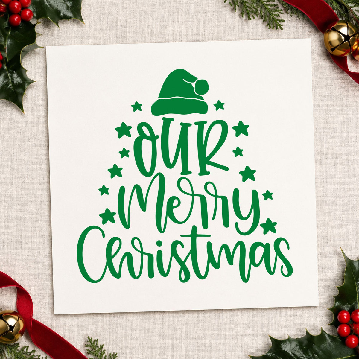 Our Merry Christmas Stars craft stamp imprint in green ink on a handmade project, one idea being table tent cards.