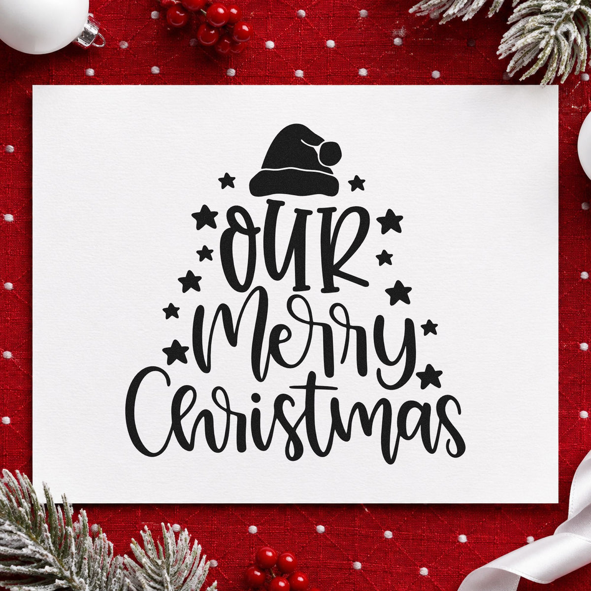 Our Merry Christmas Stars rubber stamp printed in black ink, ready for triangle stack cards and similar paper crafts.