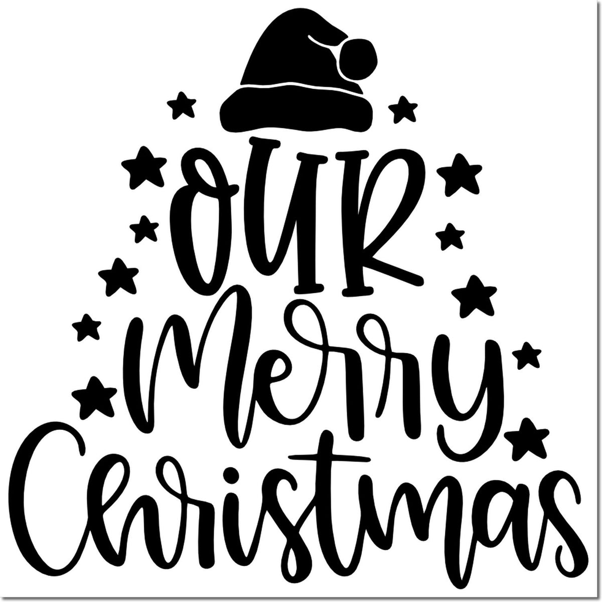 Black Merry Christmas stamp design with Santa hat and stars, bold handwritten lettering for festive seal use.