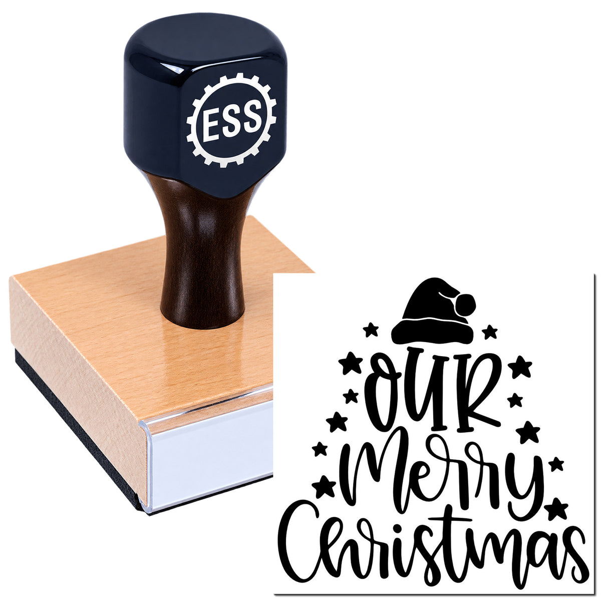 Black rubber stamp and seal set with wooden handle, featuring a Santa hat and "Our Merry Christmas" design with stars.