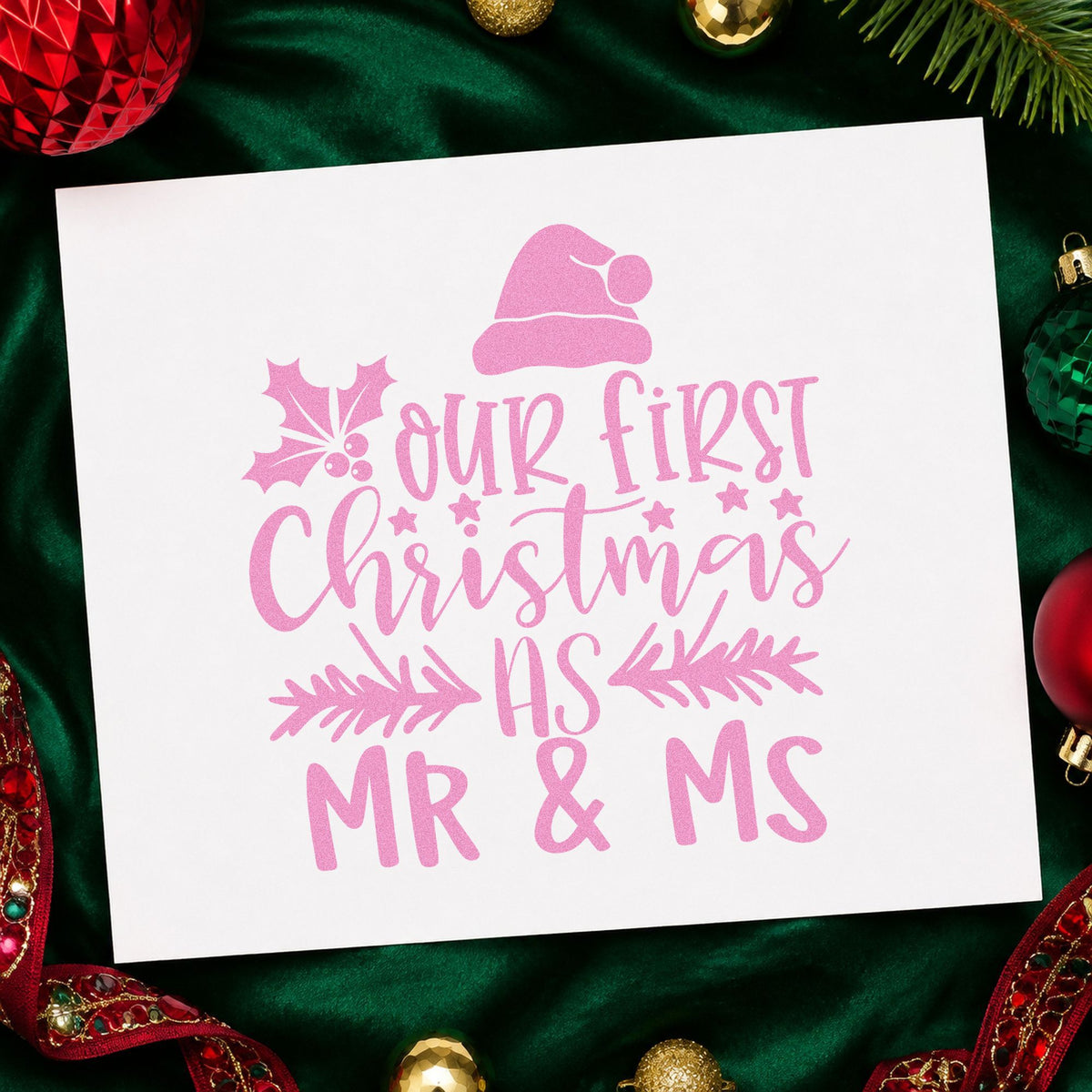 Our First Christmas Mr and Ms craft stamp in purple ink on cardstock, an easy option for first home album.