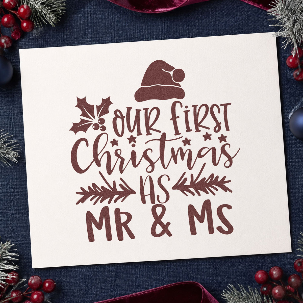 Our First Christmas Mr and Ms rubber stamp printed in brown ink, ready for decor budget sheet and similar paper crafts.