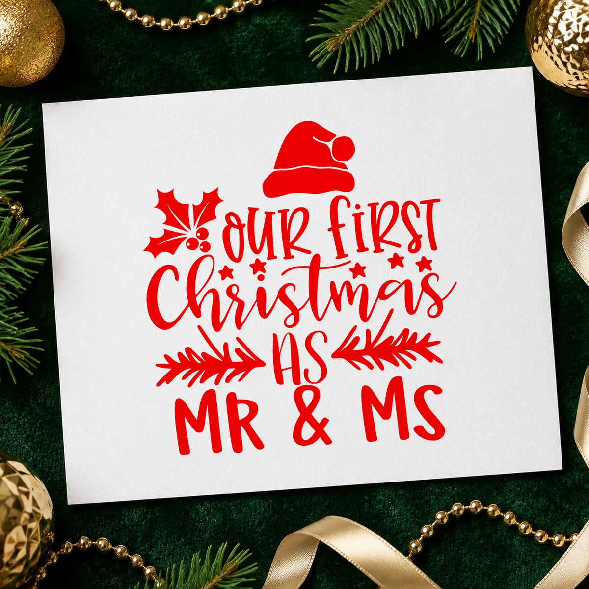 Our First Christmas Mr and Ms craft stamp in red ink on cardstock, an easy option for tea towel pair ink.