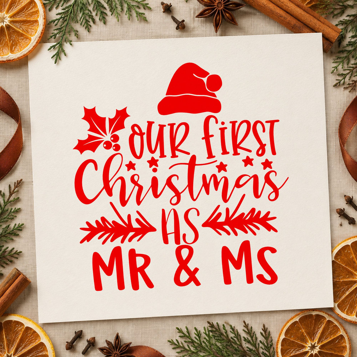 Our First Christmas Mr and Ms rubber stamp shown in red ink, stamped for projects such as unpack box labels.