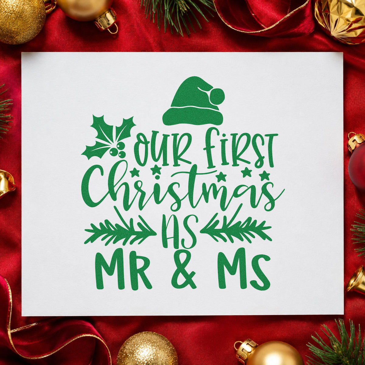 Our First Christmas Mr and Ms craft stamp imprint in green ink on a handmade project, one idea being housewarming menus.