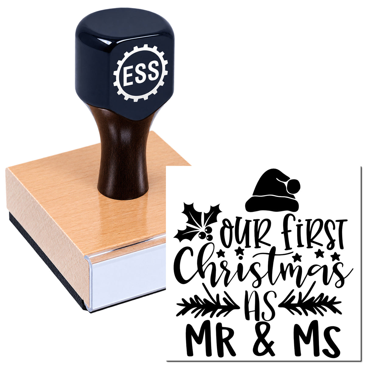 Navy blue self-inking stamp and seal with "Our First Christmas as Mr & Ms" design, Santa hat, and holly accents.