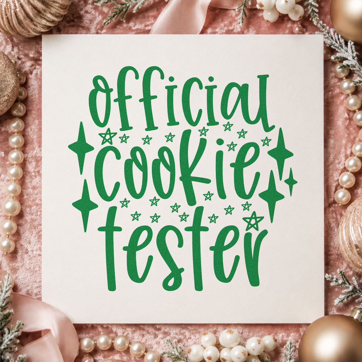 Official Cookie Tester Stars craft stamp imprint in green ink on a handmade project, one idea being badge clip tags.