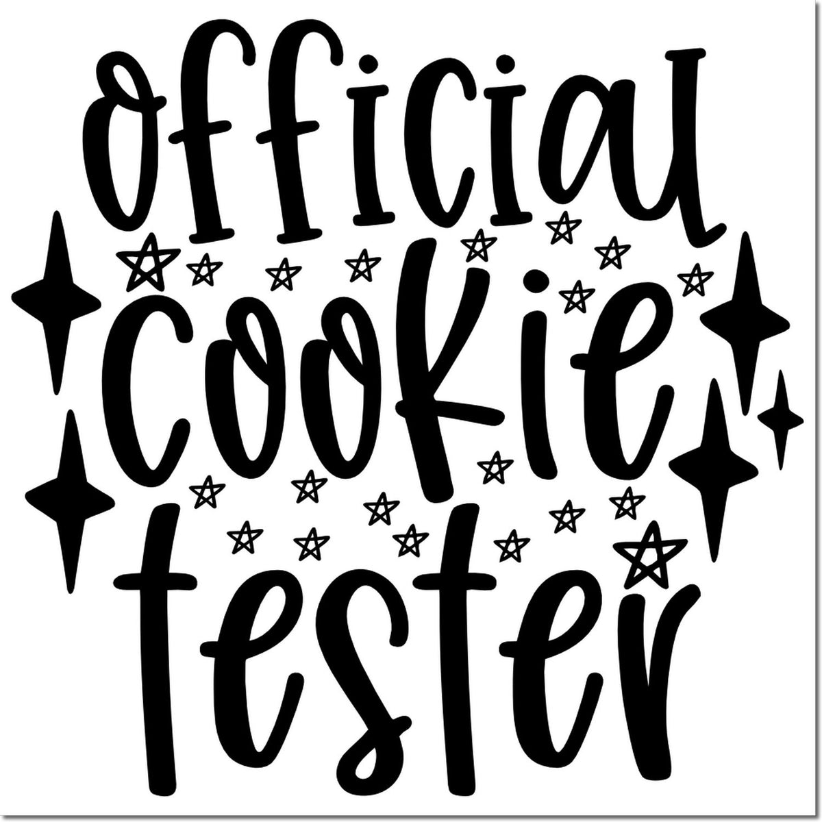 Black official cookie tester stamp design with playful stars and sparkles on a white background