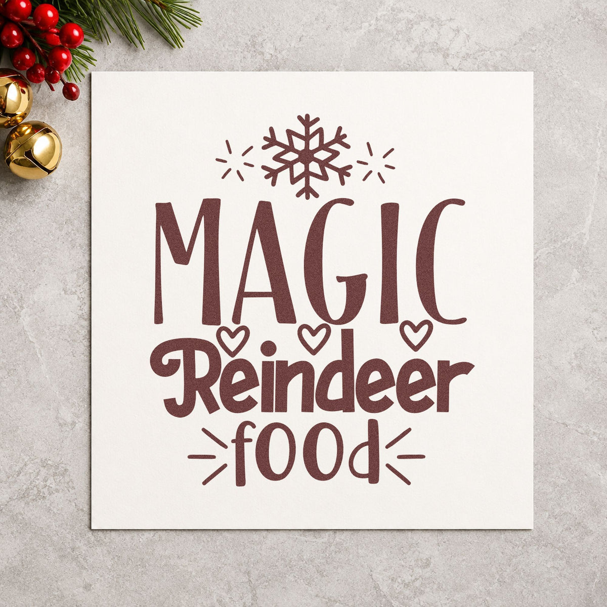 Magic Reindeer Food Snowflake rubber stamp printed in brown ink, ready for kit assembly sheet and similar paper crafts.