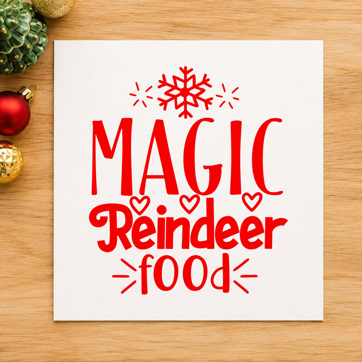 Magic Reindeer Food Snowflake craft stamp in red ink on cardstock, an easy option for drawstring pouch ink.