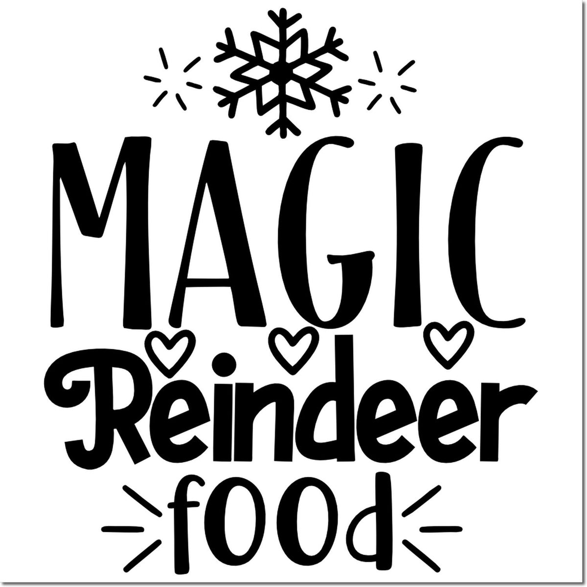 Black Magic Reindeer food stamp design with snowflake, hearts, and festive accents on white.