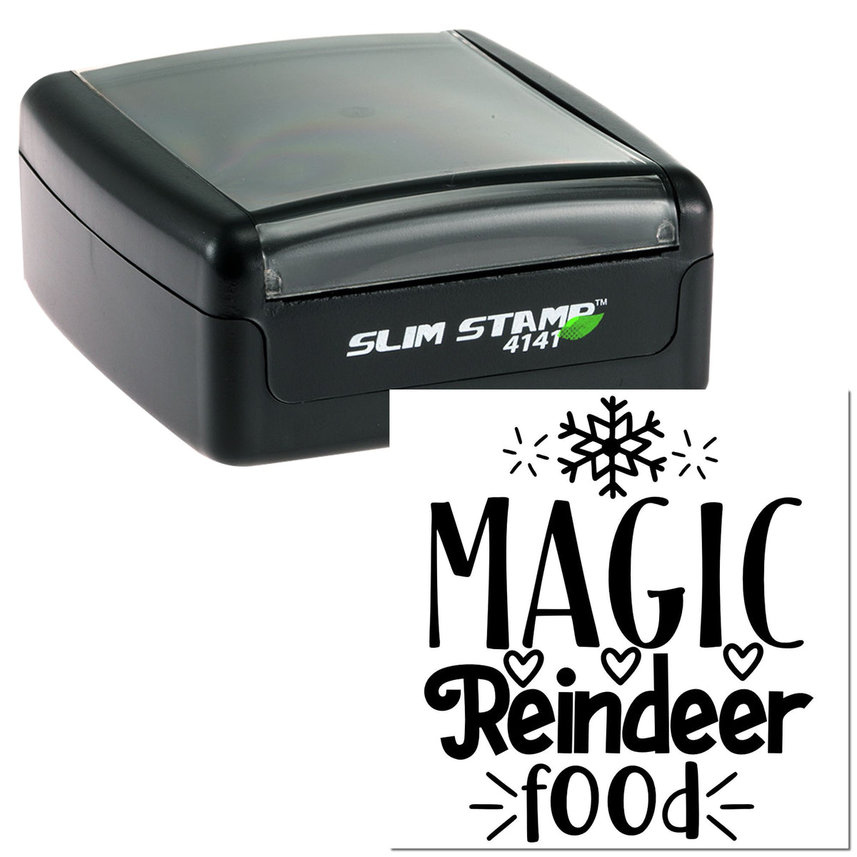 Black Slim Stamp 4141 self-inking stamp and Magic Reindeer Food seal with snowflake and hearts.