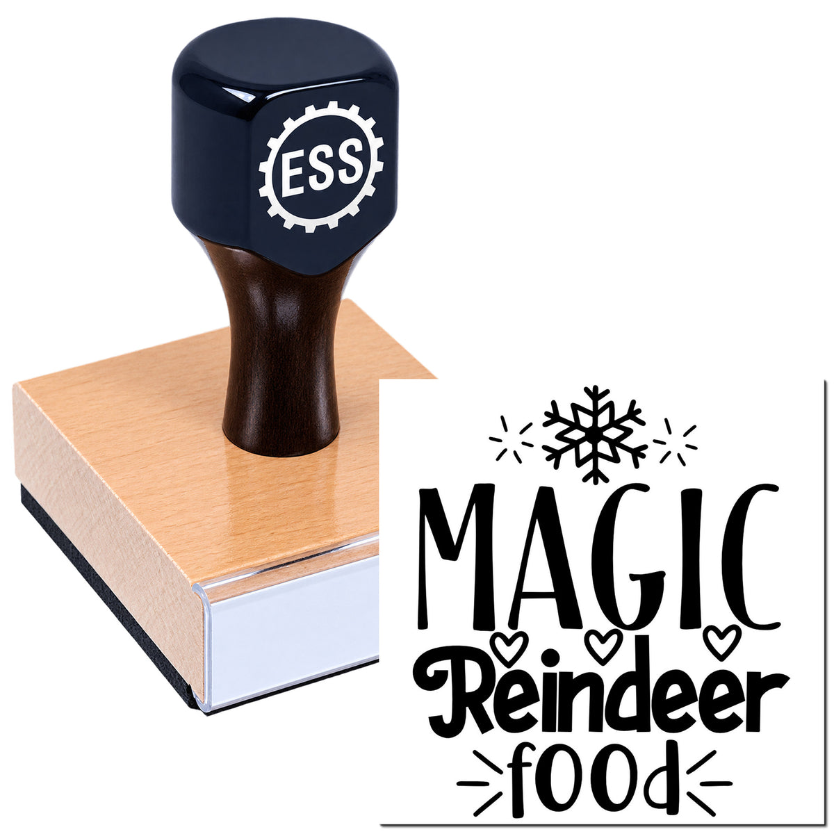 Black ESS stamp and seal on a wooden base, with sample imprint reading MAGIC Reindeer food in black with snowflakes and hearts.