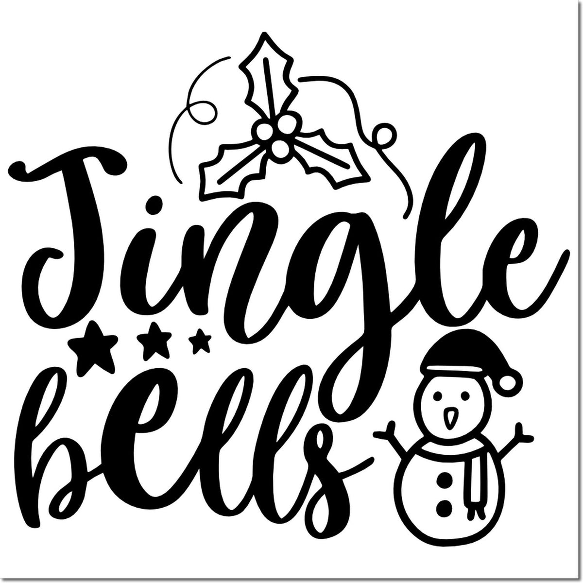 Black Christmas stamp design with Jingle bells, holly, stars, and a snowman seal.