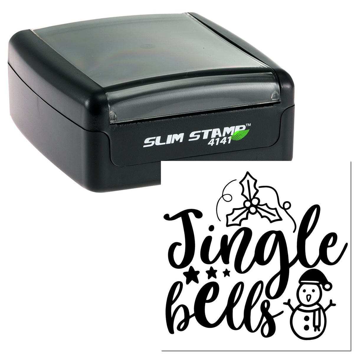 Black self-inking Slim Stamp 4141 with holiday seal reading Jingle bells, holly, stars, and snowman.
