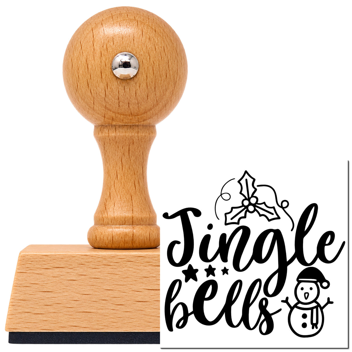 Vintage Pro beech wood stamp with a round knob handle, shown with its black Jingle Bells Holly Snowman Leaf Accents imprint on white.