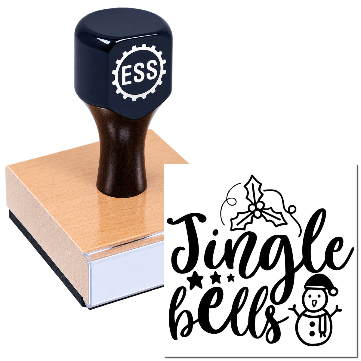 Dark navy ESS rubber stamp on a tan seal block beside a black Jingle Bells holiday stamp design.