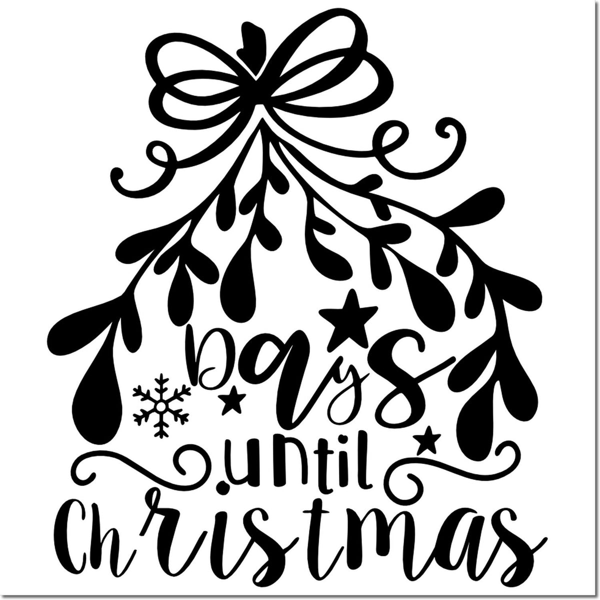 Black Christmas countdown seal stamp with bow, hanging branches, stars and snowflake on white background.