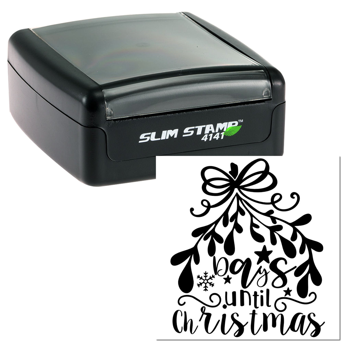 Black slim self-inking stamp and holiday seal design with bow, stars, and days until Christmas text on white.