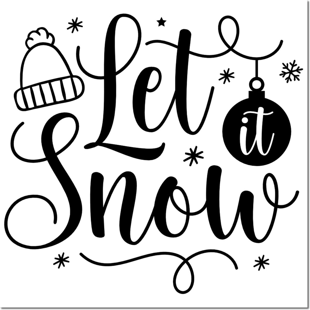 Black holiday stamp and seal design reading Let It Snow with beanie, ornament, and snowflakes on white background