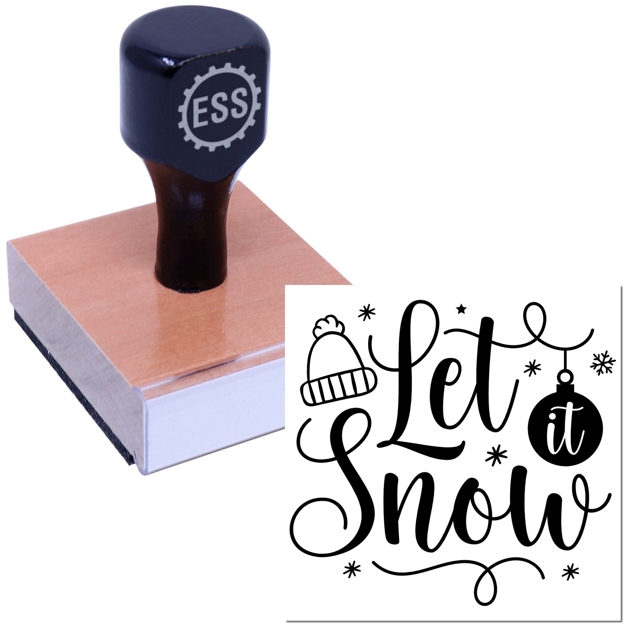 Black ESS seal stamp on wooden block with let it snow holiday script, beanie, ornament and snowflake accents.