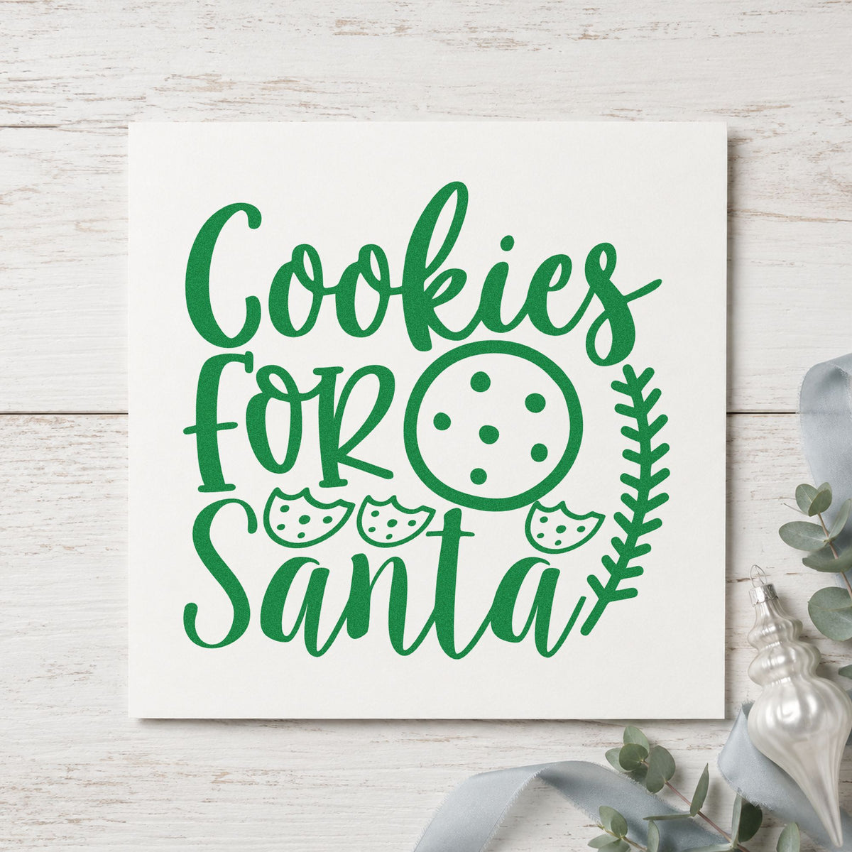 Cookies For Santa Cookie Row craft stamp imprint in green ink on a handmade project, one idea being single cookie tags.