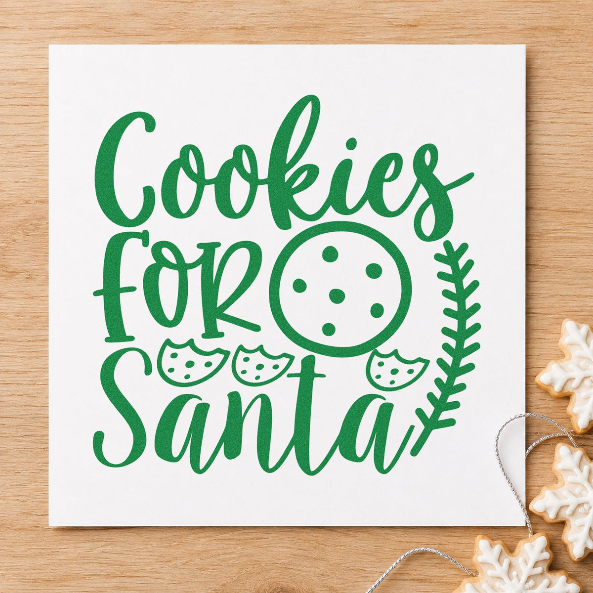 Cookies For Santa Cookie Row craft stamp imprinted in green ink on paper, a design suited to framed kitchen pair.