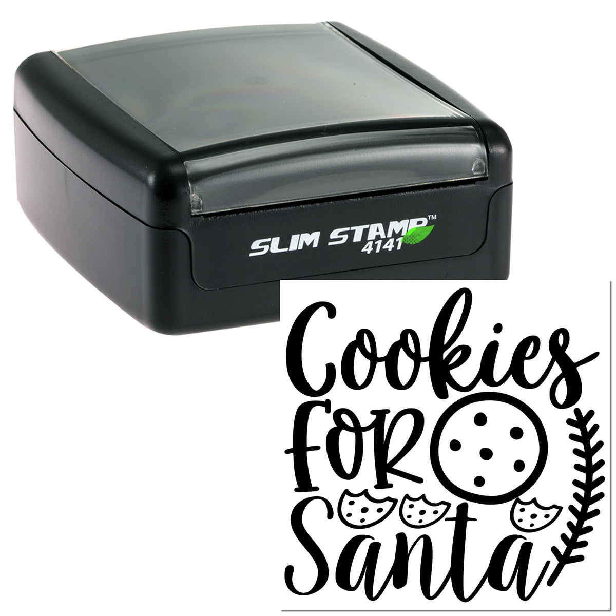 Black self-inking stamp and seal with Cookies for Santa imprint, cookie icons, on white