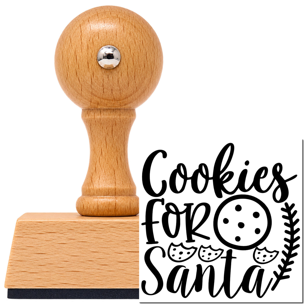 Vintage Pro beech wood stamp with a round knob handle, shown with its black Cookies For Santa Cookie Row imprint on white.