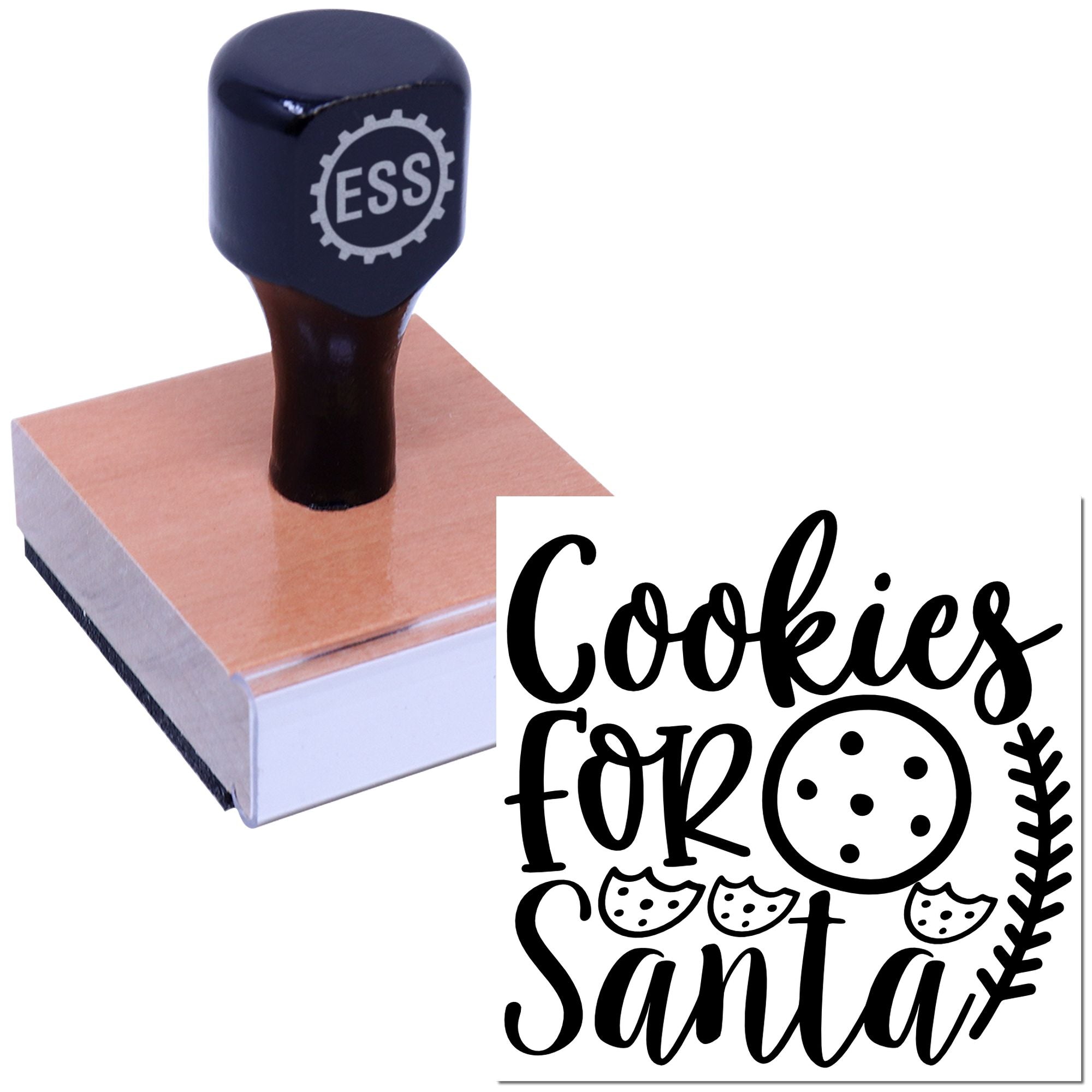 Navy custom rubber stamp with wooden base, featuring a black Cookies for Santa seal and cookie graphics.