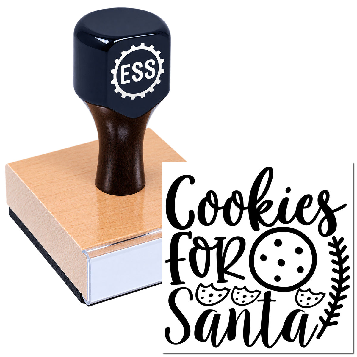 Navy custom rubber stamp with wooden base, featuring a black "Cookies for Santa" seal and cookie graphics.