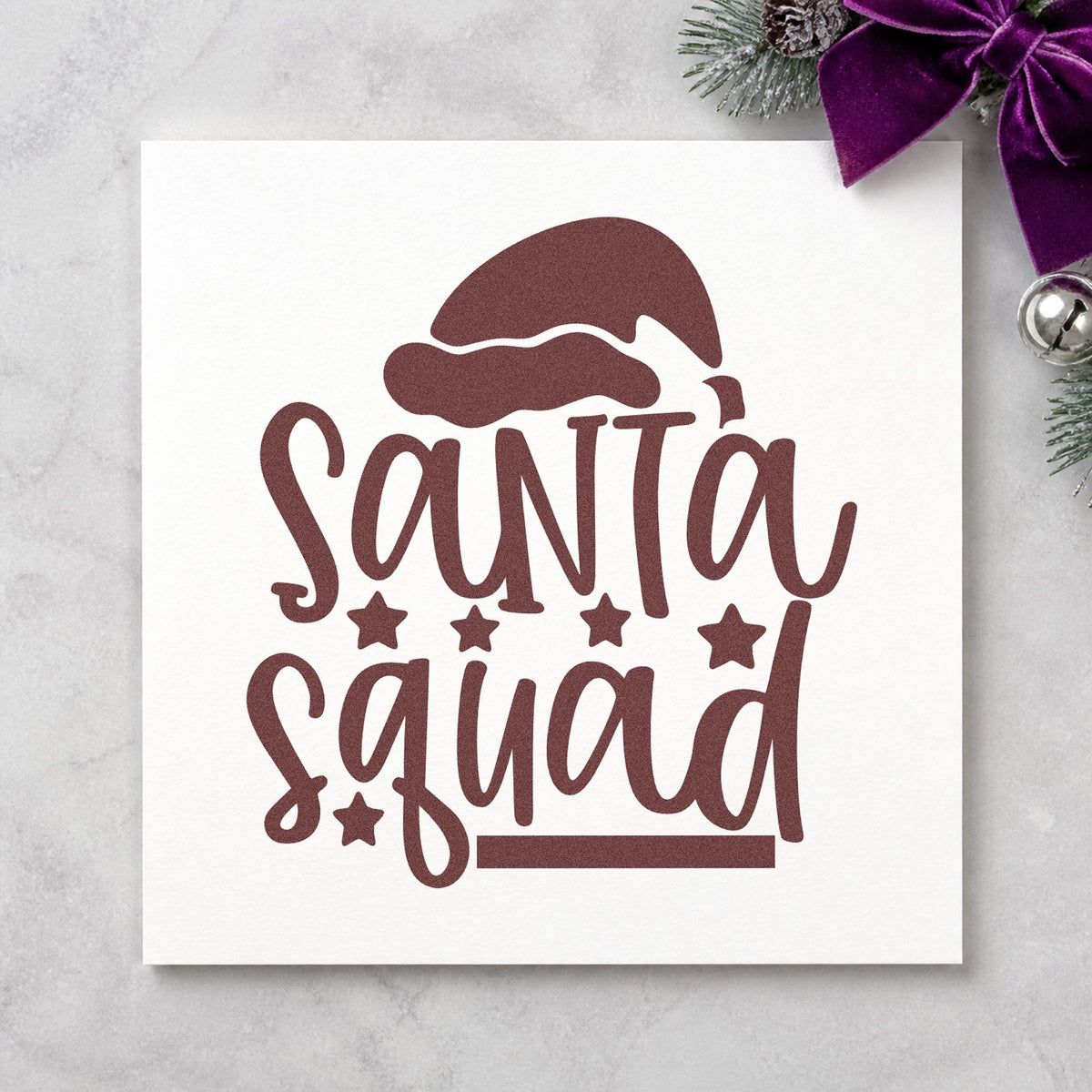 Santa Squad Hat Stars rubber stamp printed in brown ink, ready for roll call sheet and similar paper crafts.