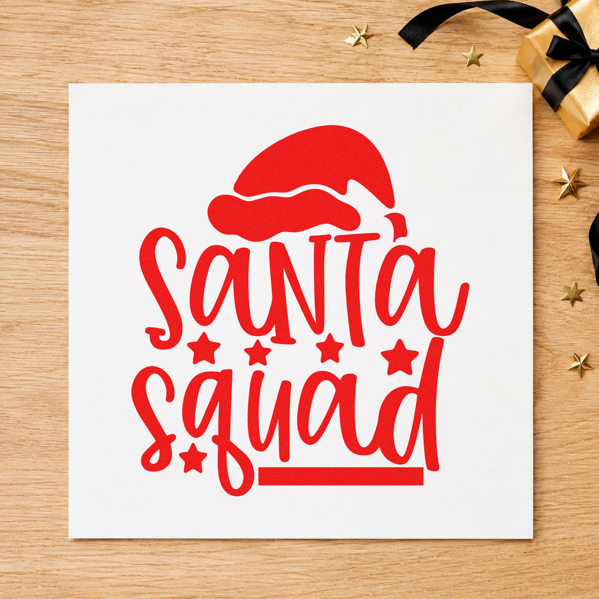 Santa Squad Hat Stars craft stamp in red ink on cardstock, an easy option for cap brim printing.