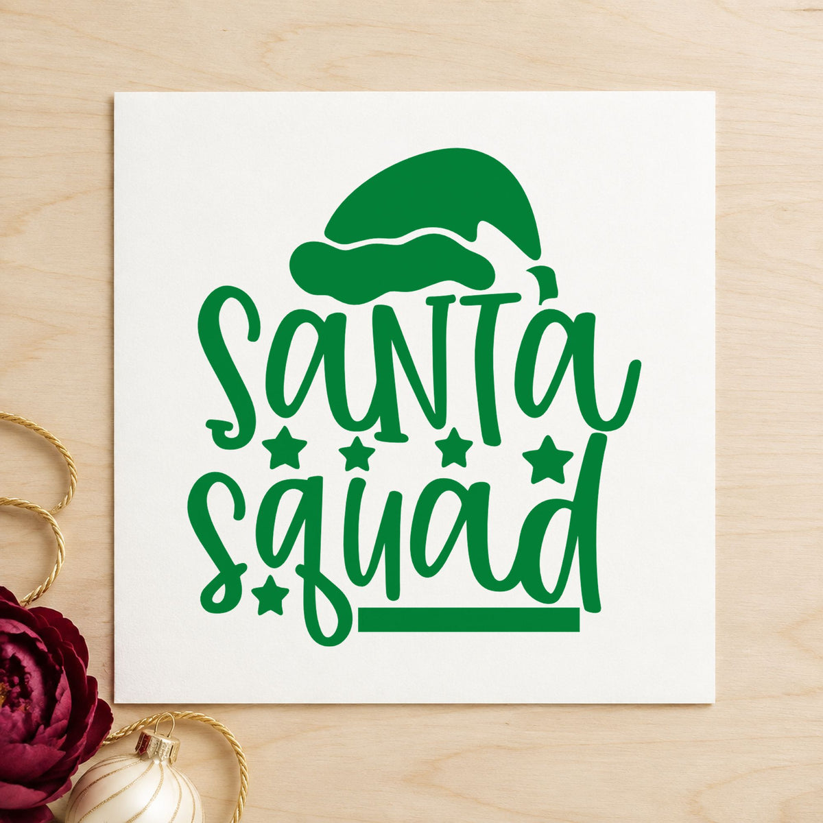 Santa Squad Hat Stars craft stamp imprinted in green ink on paper, a design suited to framed den wall.