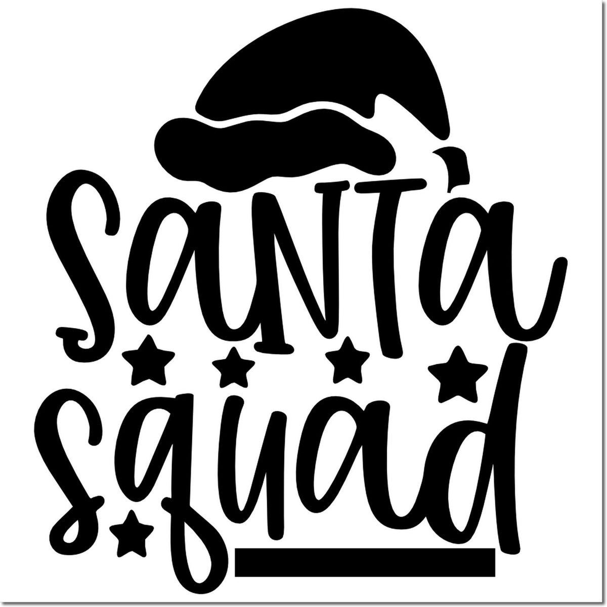 Black Santa Squad stamp and seal design with Santa hat, stars, and bold script on white background.