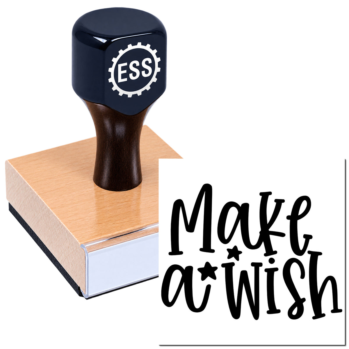 Navy ESS custom stamp and seal on pink block, with black "Make a Wish" imprint and star accents.