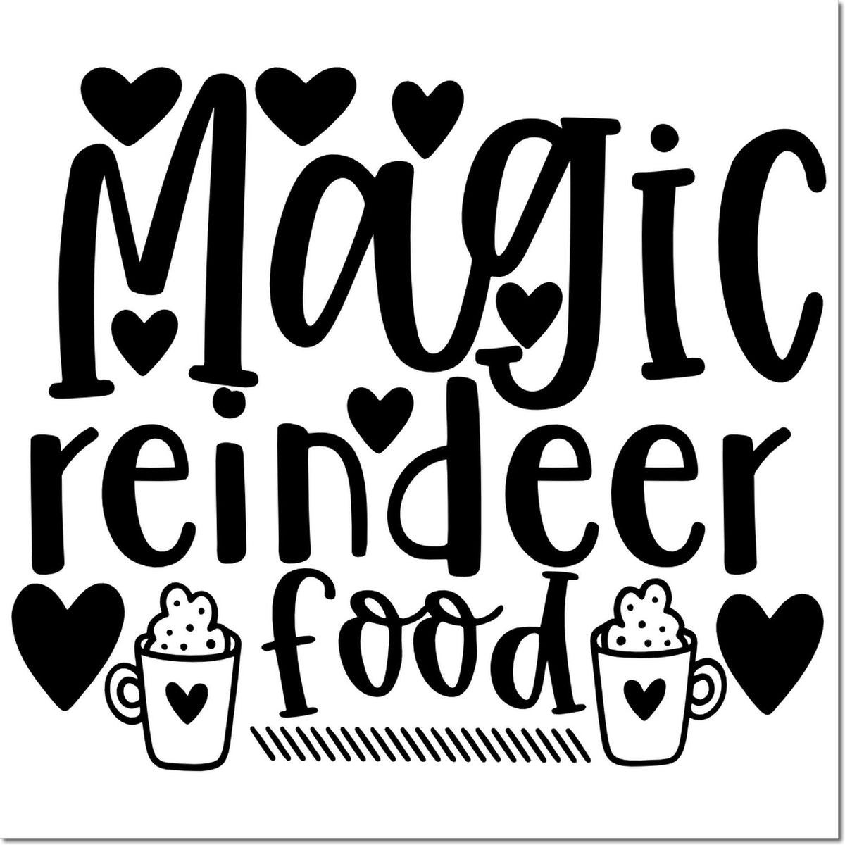 Black magic reindeer food stamp design with hearts and cocoa mugs, festive Christmas seal for holiday crafts.