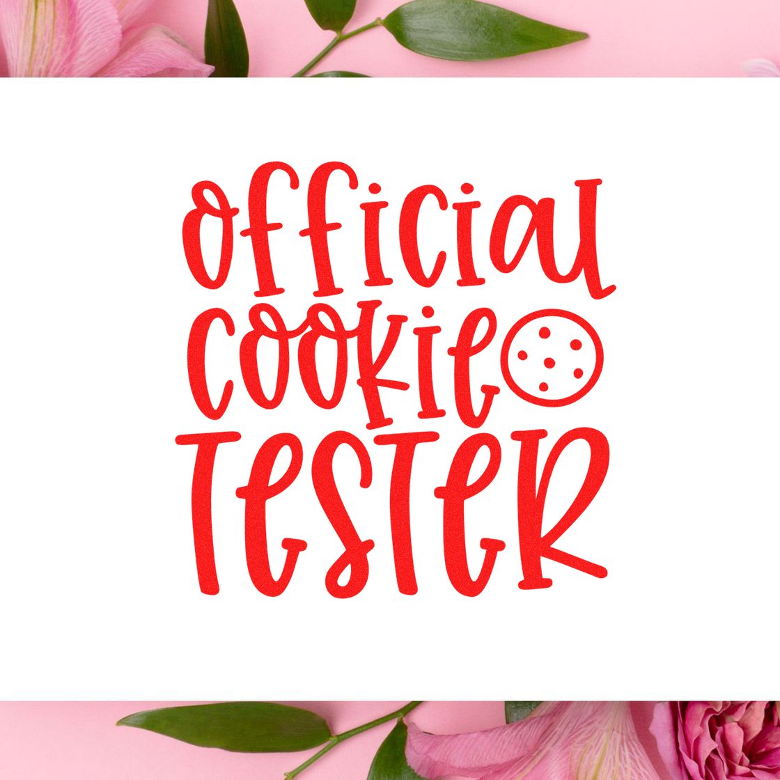 Official Cookie Tester Cookie rubber stamp shown in red ink, stamped for projects such as vertical album panel.