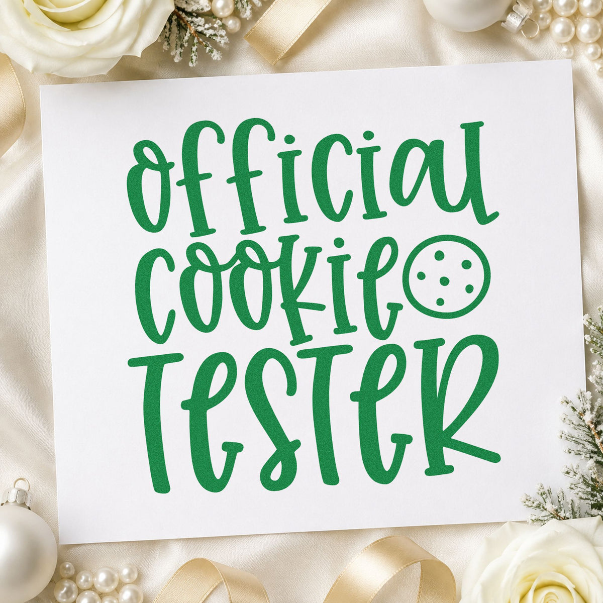 Official Cookie Tester Cookie craft stamp imprint in green ink on a handmade project, one idea being narrow strip tags.