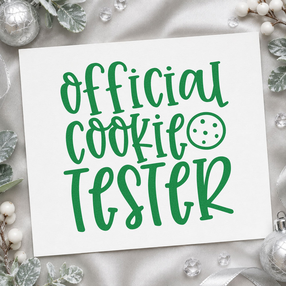 Official Cookie Tester Cookie craft stamp imprinted in green ink on paper, a design suited to framed slim panel.