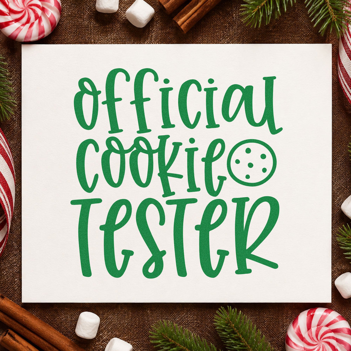 Official Cookie Tester Cookie craft stamp imprint in green ink on a handmade project, one idea being tent card slips.