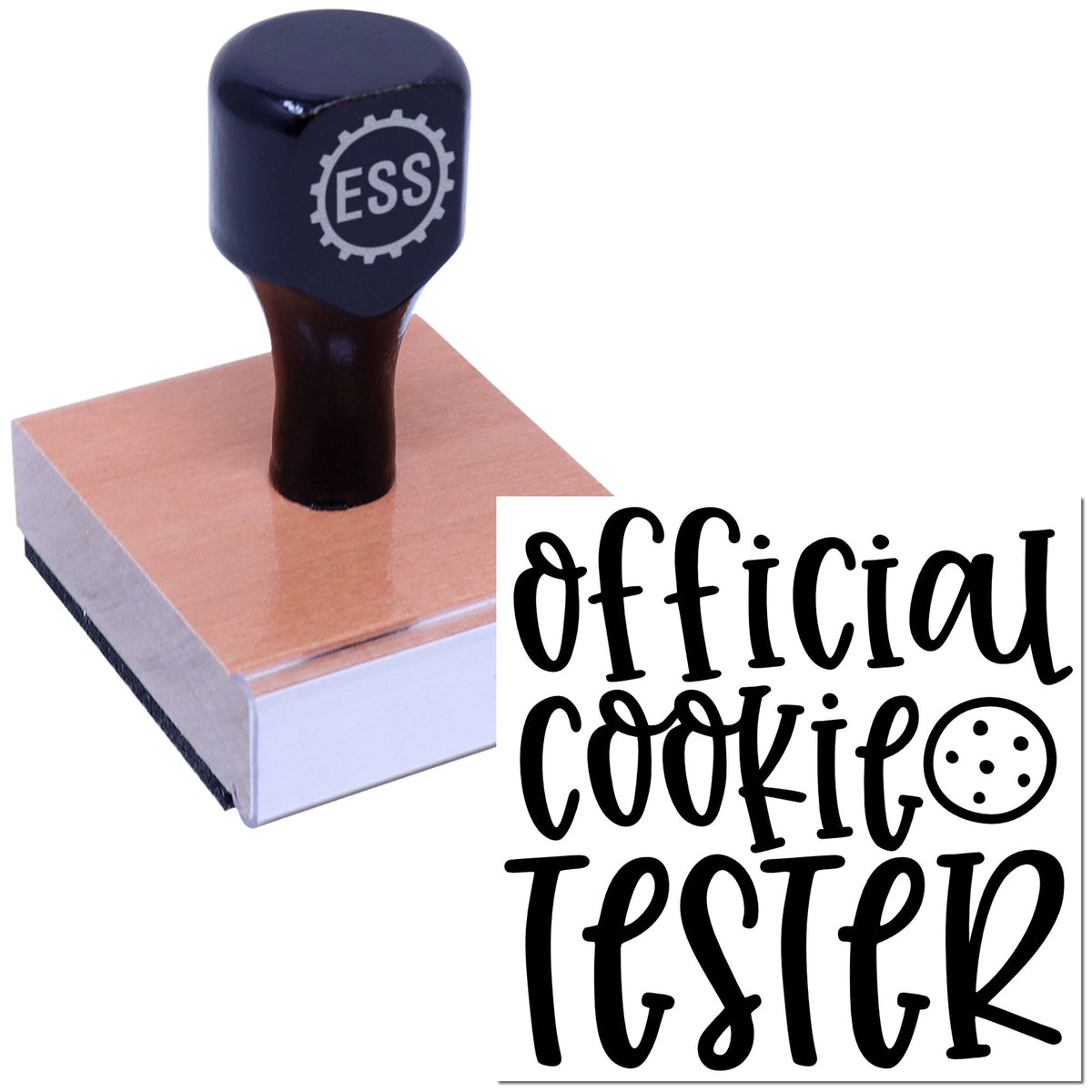 Dark blue ESS rubber stamp on wooden base with "official cookie tester" seal text.