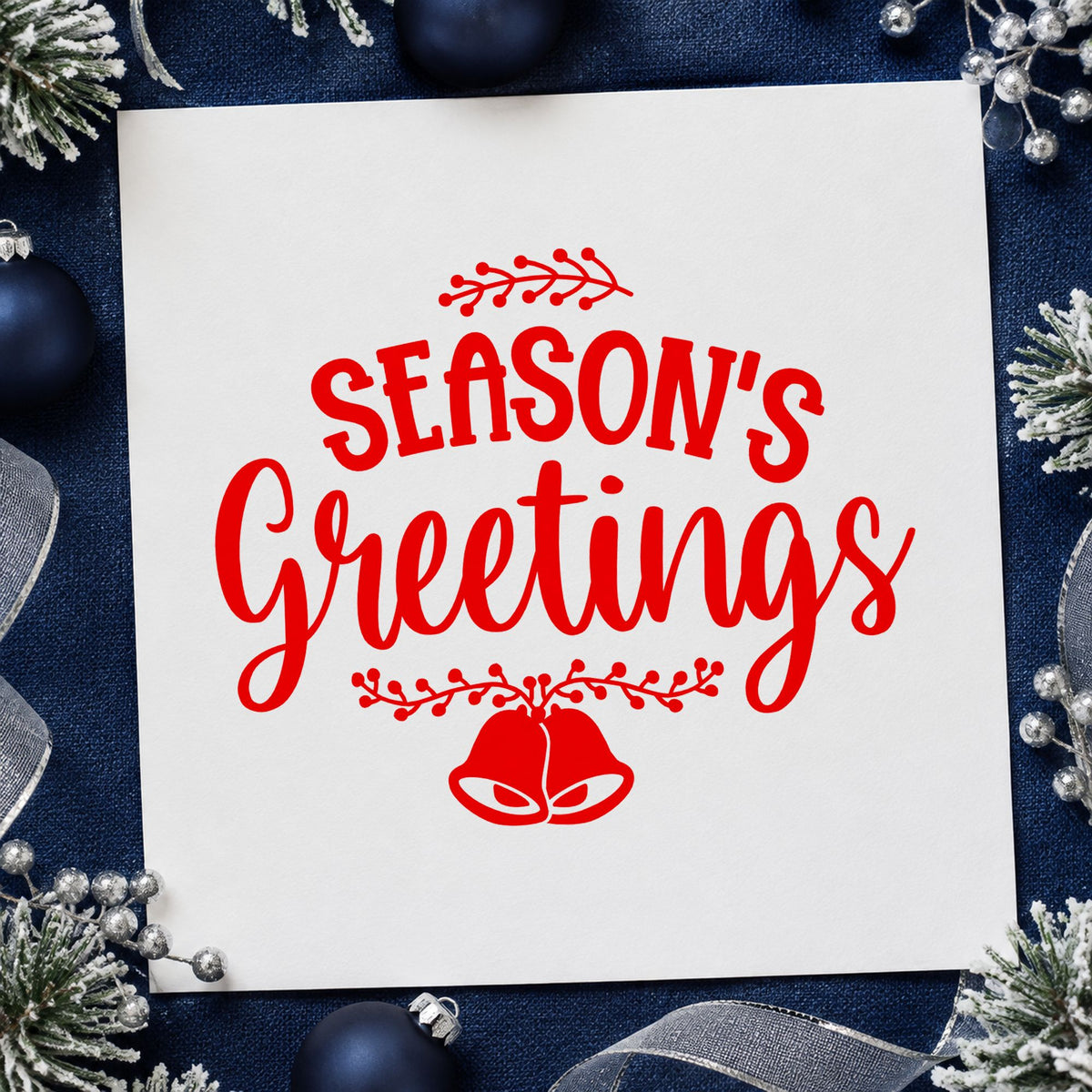 Season's Greetings Hanging Bells rubber stamp shown in red ink, stamped for projects such as jar base labels.