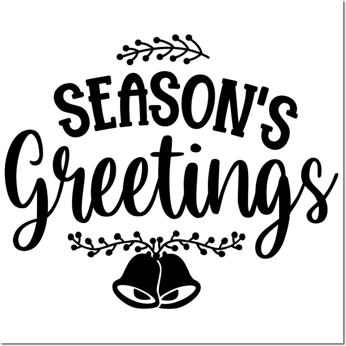 Black Season's Greetings holiday stamp and seal with decorative bells and berry branches on a white background